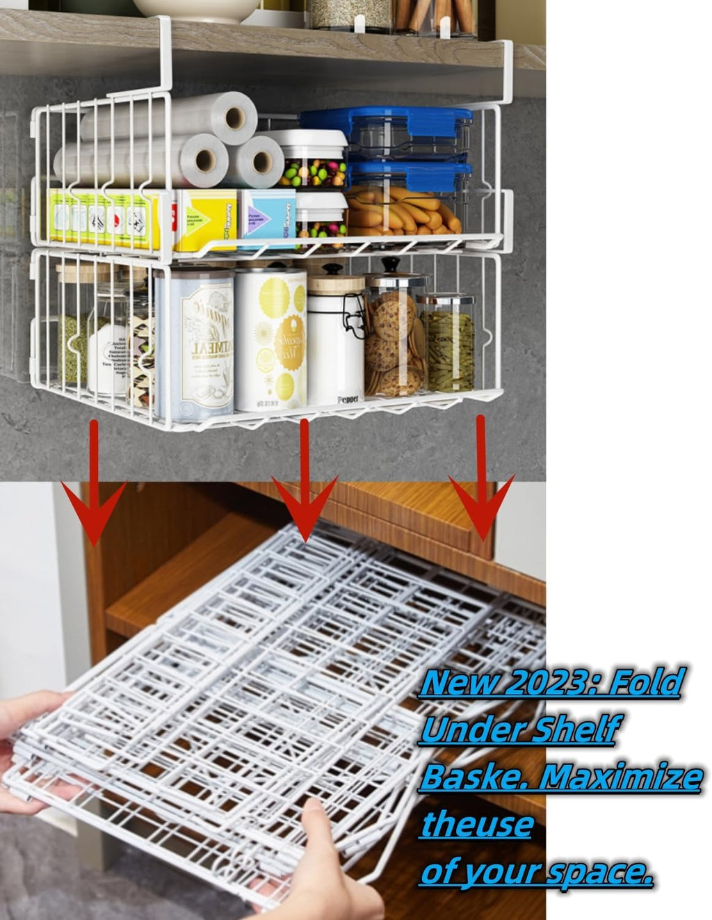 Under Shelf Basket Storage 2Pack - 12.6in Metal Under Cabinet Shelf, Hanging Wire Basket Shelves, Undershelf Storage Basket for Kitchen Pantry Bookshelf