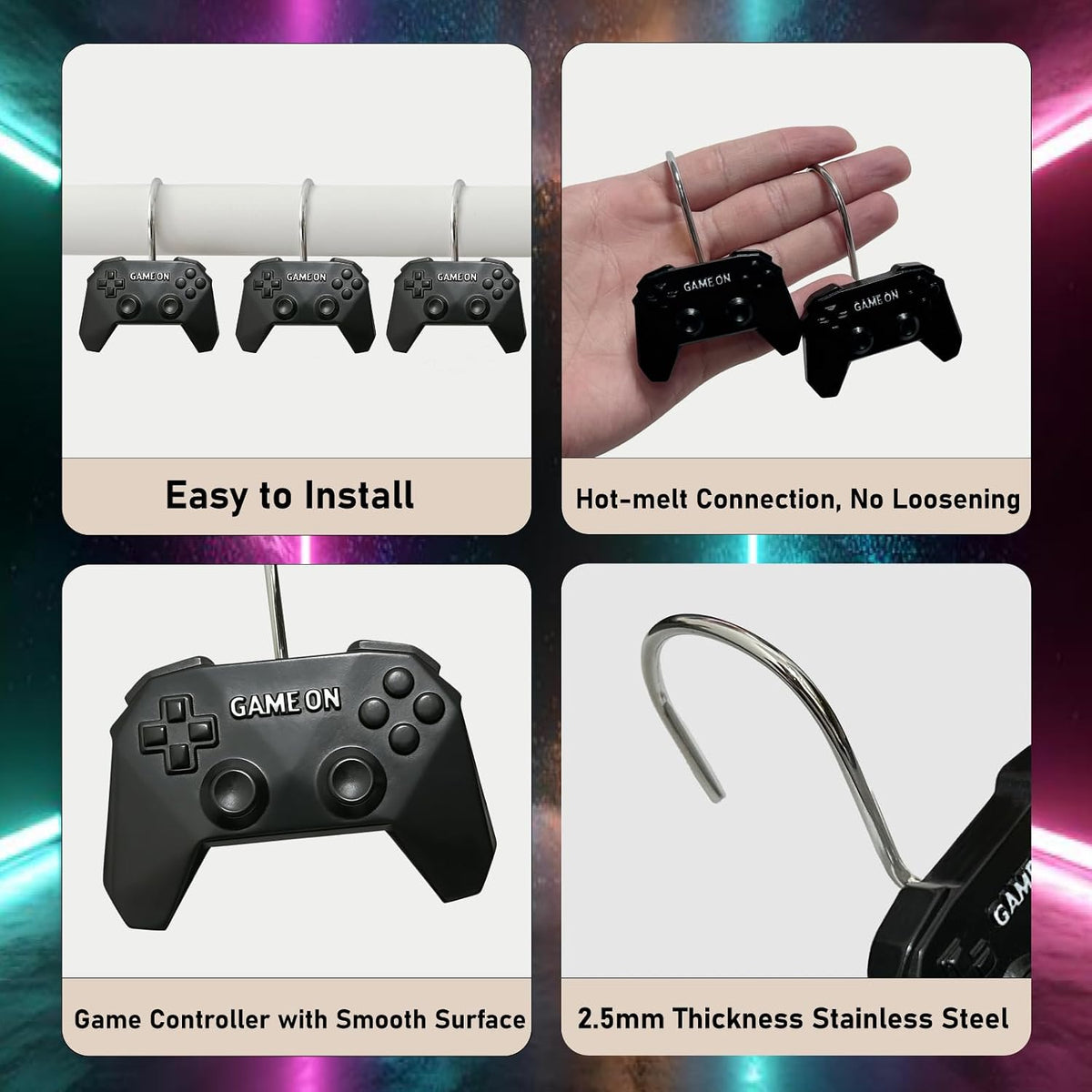 12 Pcs Game Theme Shower Curtain Hooks for Gamers Bathroom Decor