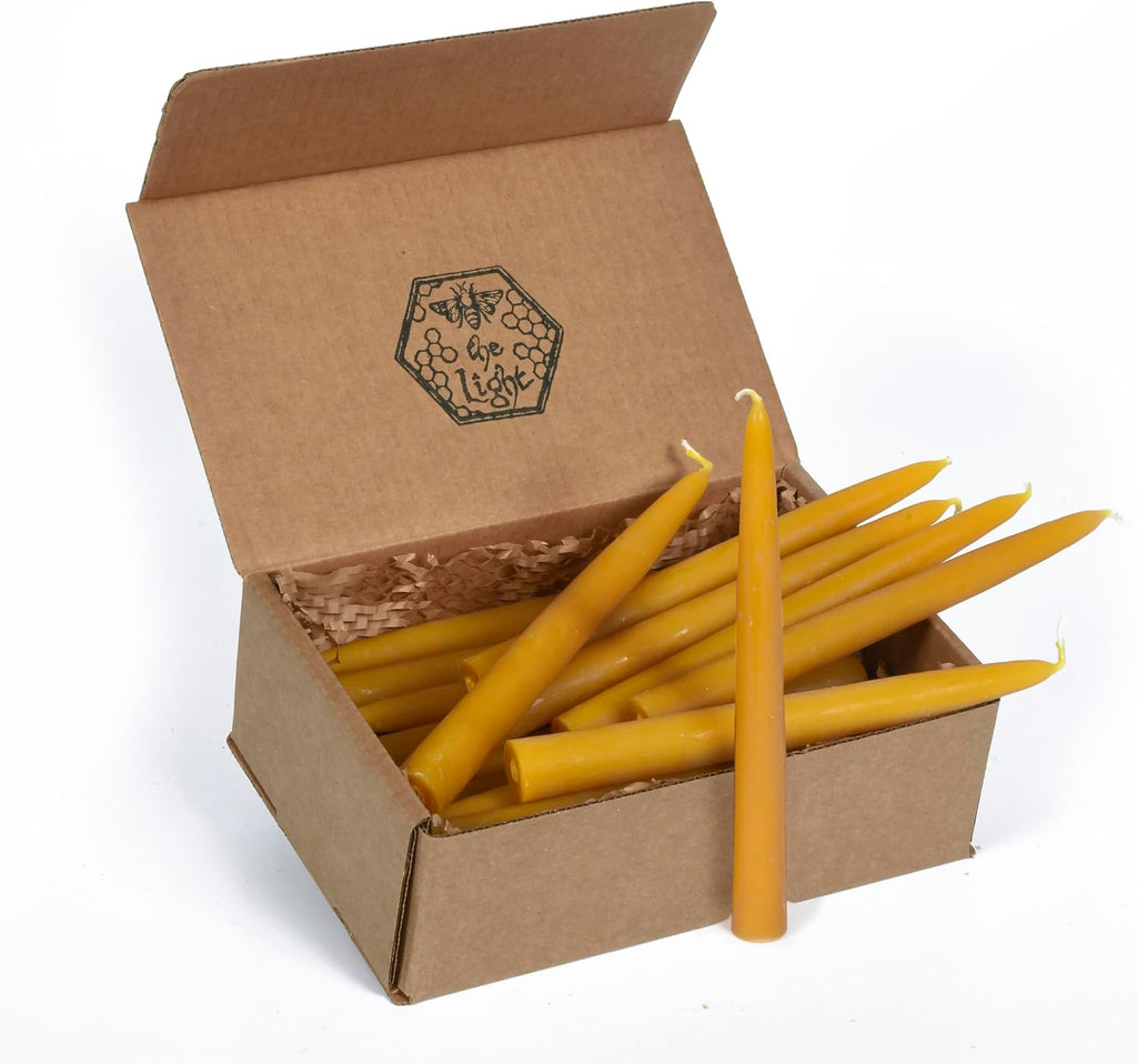 100% Pure Beeswax Taper Candles - All-Natural Handmade Decorative & Dipped Smokeless Unscented Candles for Christmas, Advent, and Hanukkah, Natural Yellow, 8.5 Inches, 24 Candle Set, by BeeTheLight