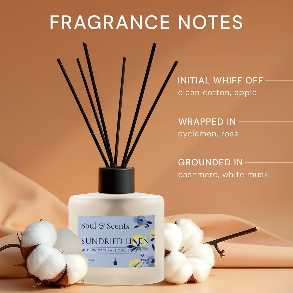 Soul & Scents Reed Diffuser Set – Sundried Linen | 7.43 oz Refillable Scented Oil with 6 Fiber Sticks | Long-Lasting Home Fragrance & Air Freshener for Bedroom, Bathroom, Office | Gift & Décor Piece