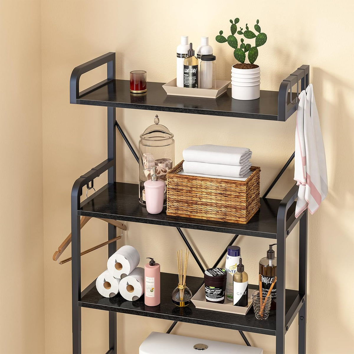 Huhote Over-The-Toilet Storage Rack with 3-Tier Shelves, Space Saver Toilet Shelf, Bathroom Storage Organizer with Hooks for Over-Toilet Storage (Black)