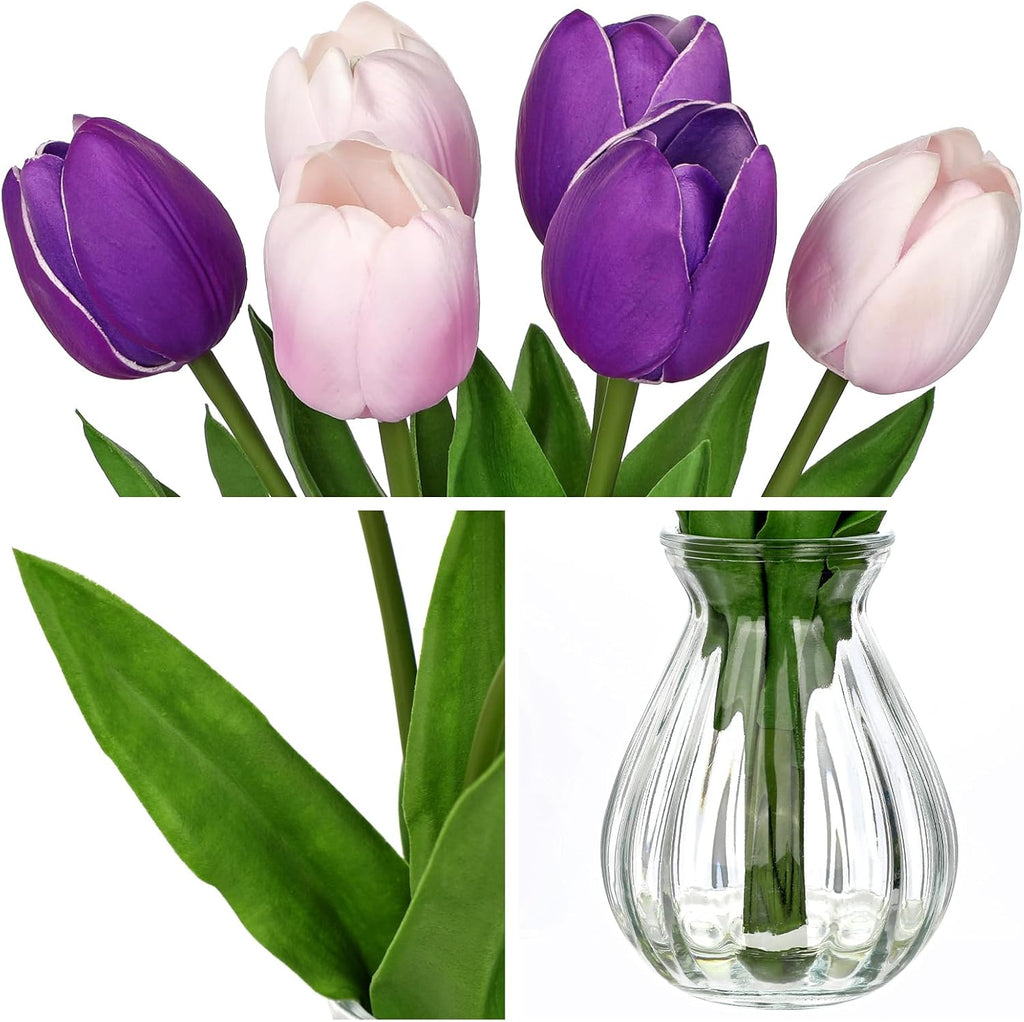 Faux Tulips Flowers Floral Arrangement - 6 Stems Artificial Flowers with Clear Glass Vase with Faux Water 12.5" Purple & Pink Bi-Color Fake Tulips Bouquet Centerpiece for Table Home Office Decor
