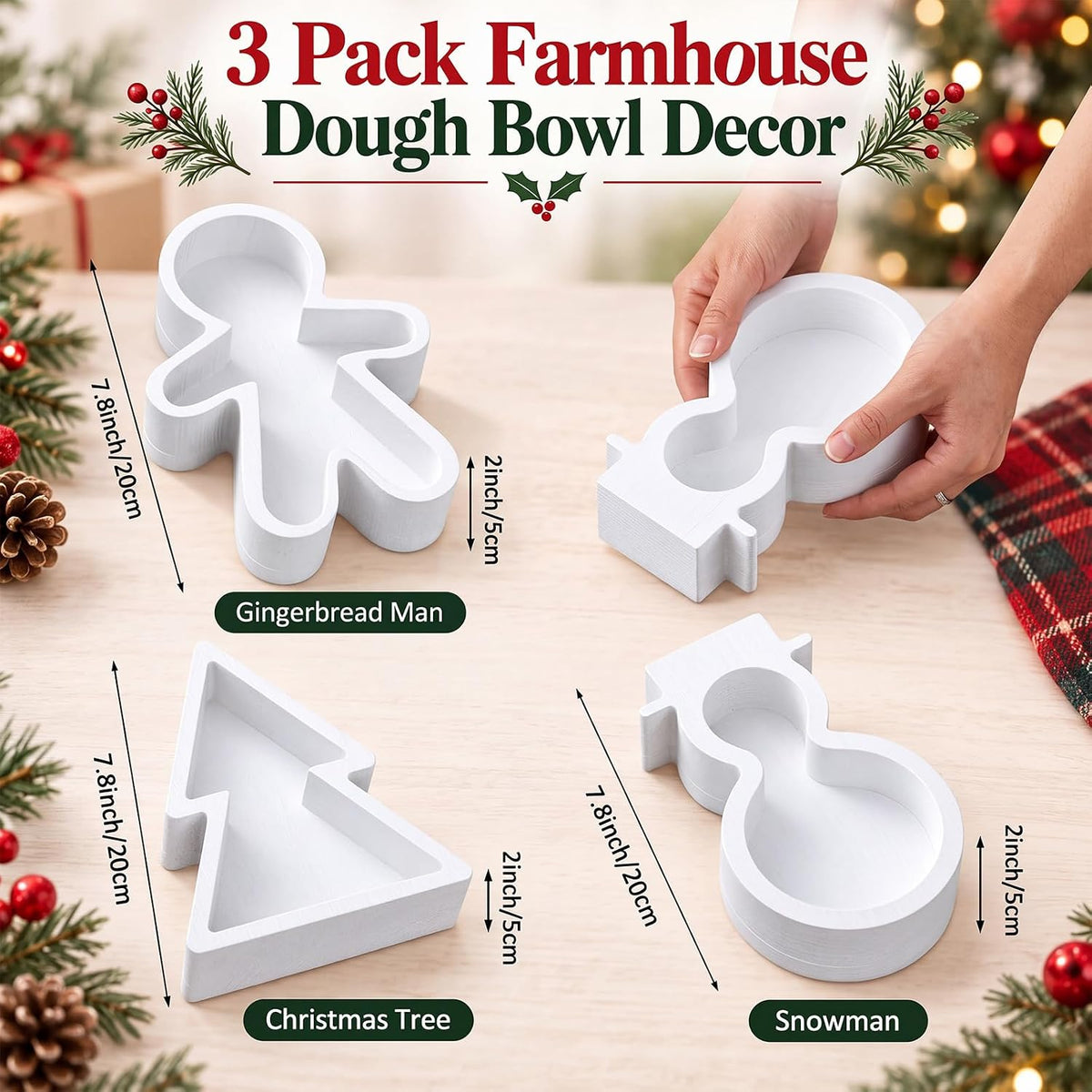 GlikCeil 3 Pack Christmas Wooden Dough Bowls Trays for DIY Craft, White