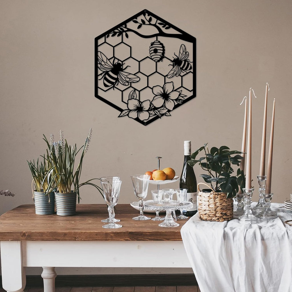 ruelen Metal Bee Wall Art - Farmhouse Honey Bee and Hives with Flowers Metal Wall Decor for Living Room,Bedroom,Garden,Office Gardener & Bee Keeper (11.14x9.72in)
