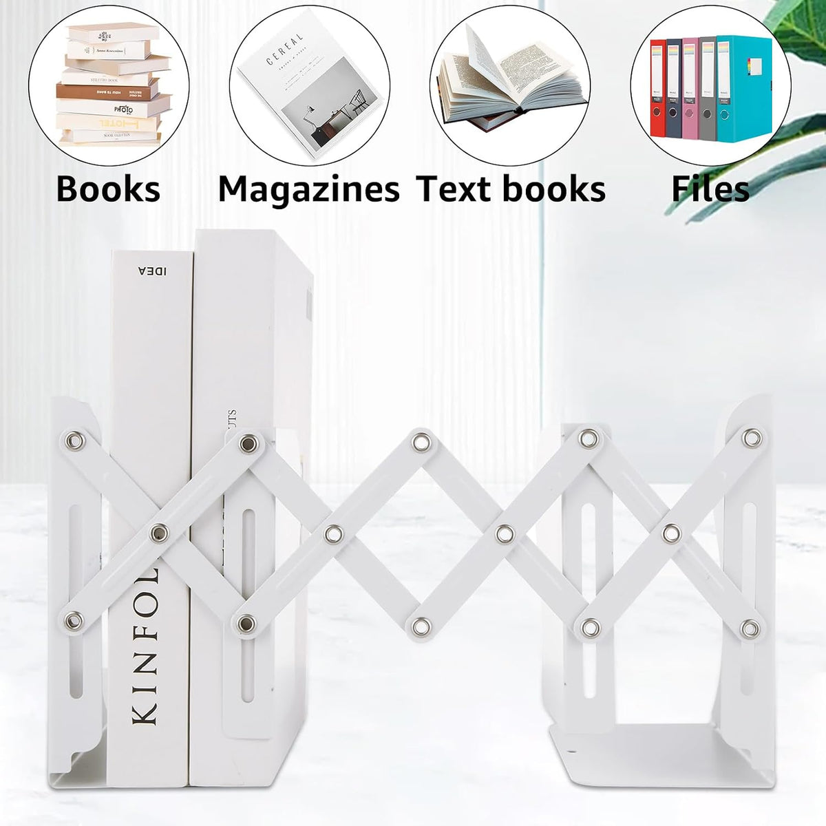 SHUESS 2 Pack Adjustable Bookends, Expandable Metal Book Holder With 2 Dividers, White Stoppers for Heavy Duty Books, Desk Ends for Shelves, Office & School