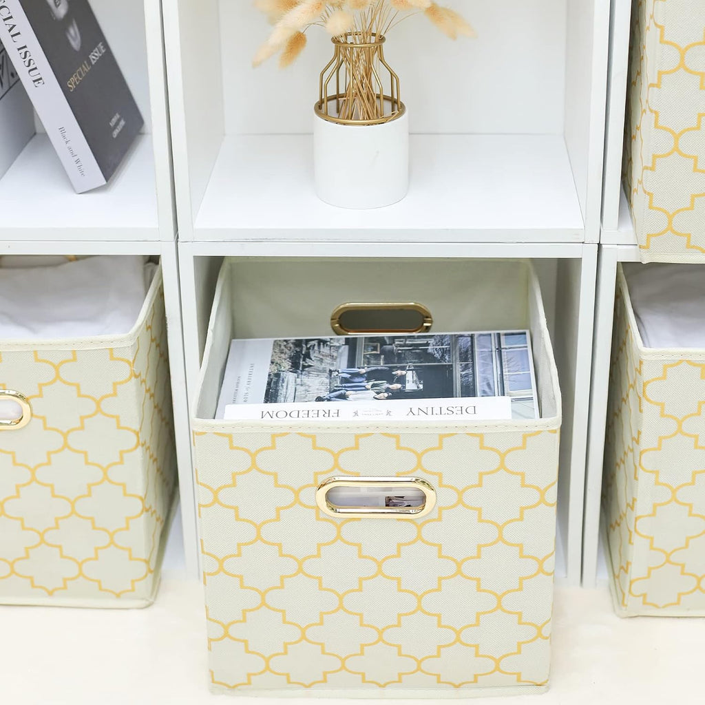 Fabric storage bins Cubes, Fabric Cube Organizer with Handle, Foldable Cube Bins for Cloth or Accessary Storage, 11x11x11, Set of 3, (Creamy-White Gold)