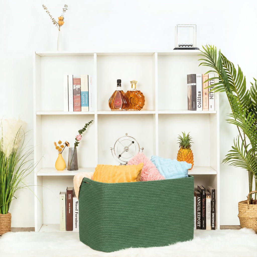 MINTWOOD Design 112L Extra Large Blanket Basket Holder Living Room, 25"x17"x16" Rectangle Rope Woven Storage Basket with Handles for Laundry, Towels, Shoes, Dog Toy Organizer Bin Box, Green
