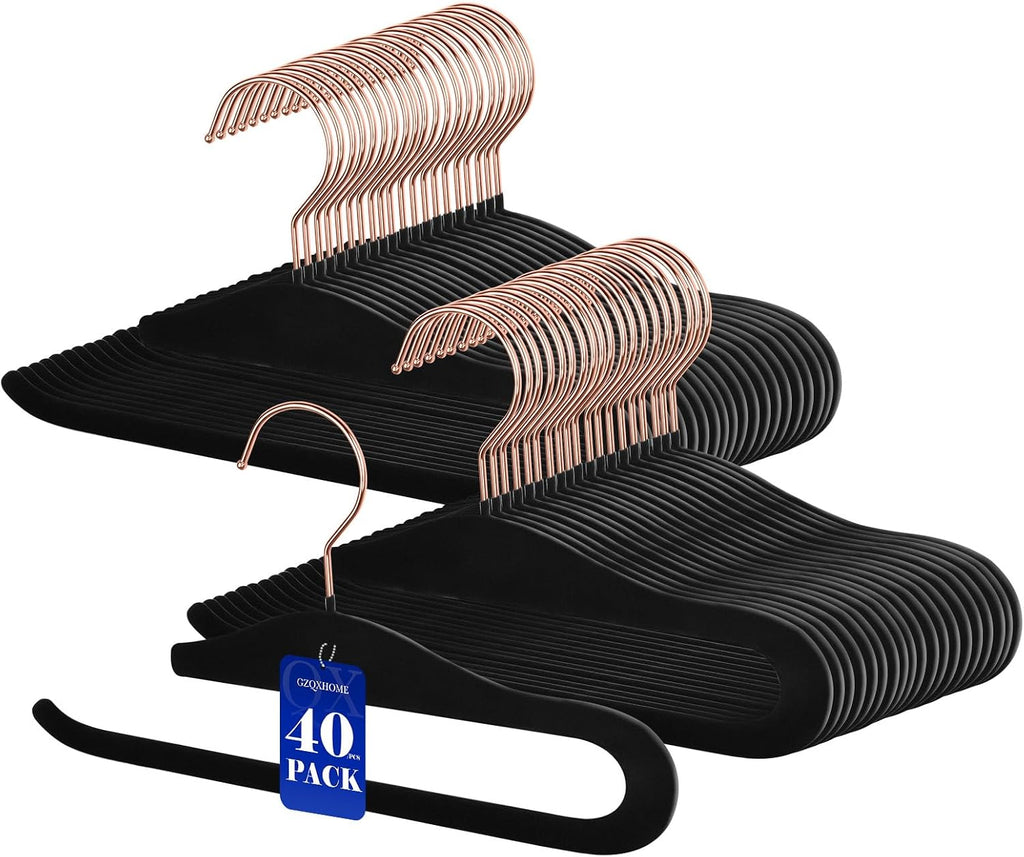 Velvet Hangers Non-Slip,40 Pack Open Ended Felt Jean Hangers,Heavy Duty Space Saving Flocked Hangers for Pants Slack Skirts Tank Top Towel,360° Swivel Golden Hook (40, Black)
