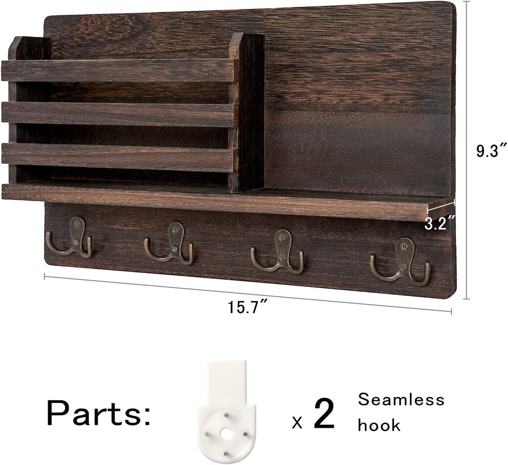 Dahey Key Mail Holder Wall Mounted Wooden Hanger with 4 Double Hooks, Brown