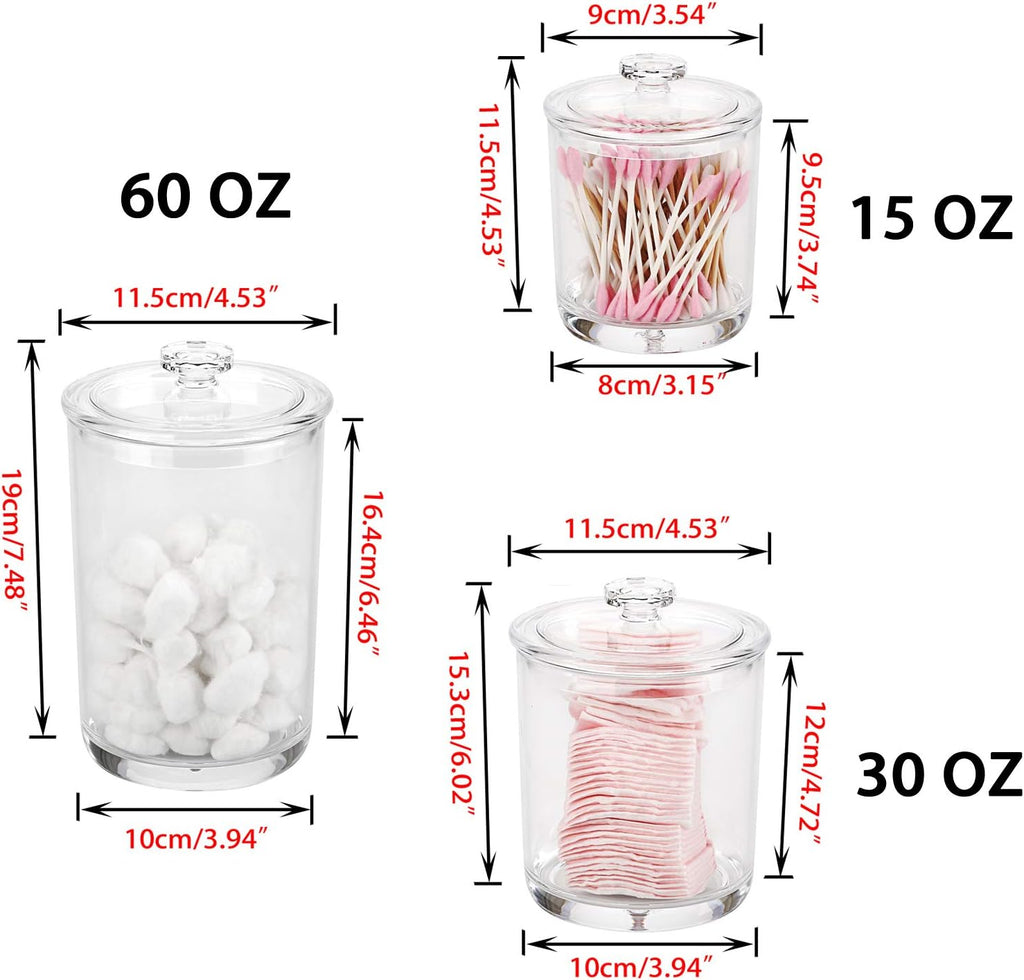 Hipiwe Clear Plastic Apothecary Jars with Lid, Large Size Bathroom Storage Canister Jar Cotton Ball and Swab Organizer Q-Tips Holder, 60-Ounce, 30-Ounce and 15-Ounce, Set of 3 (Pack of 2)