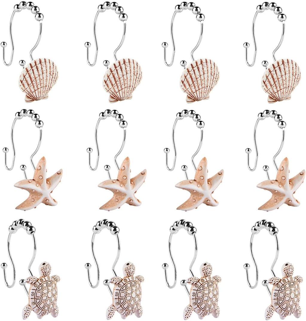 Double Shower Curtain Hooks,12Pcs Seashell Decorative Shower Curtain Rings