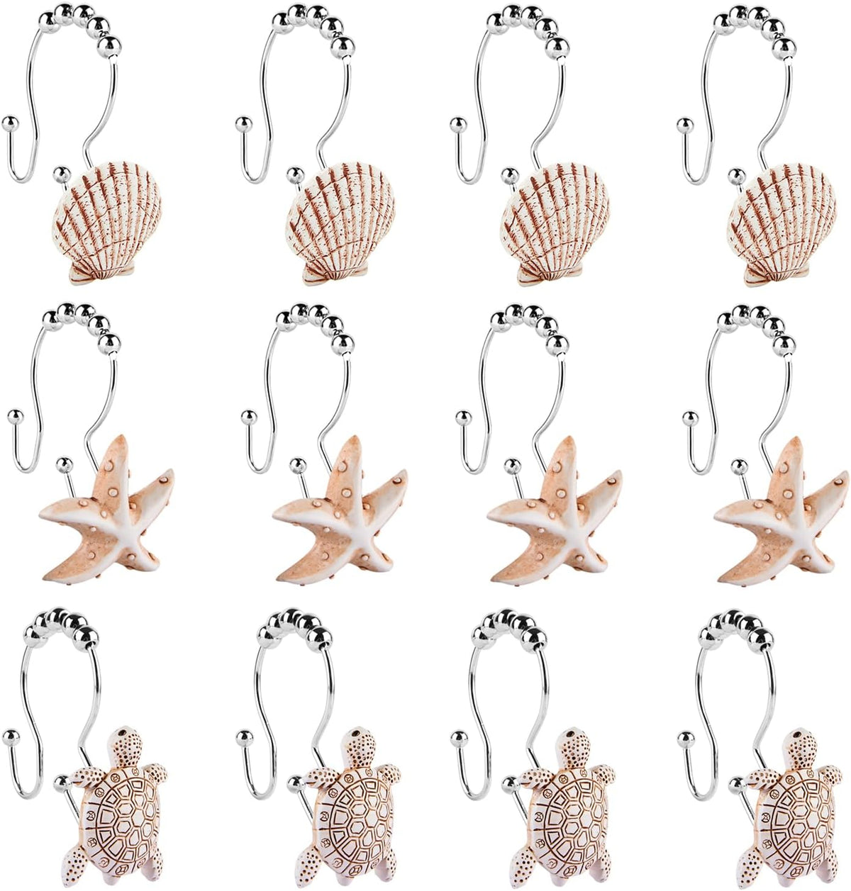 Double Shower Curtain Hooks,12Pcs Seashell Decorative Shower Curtain Rings