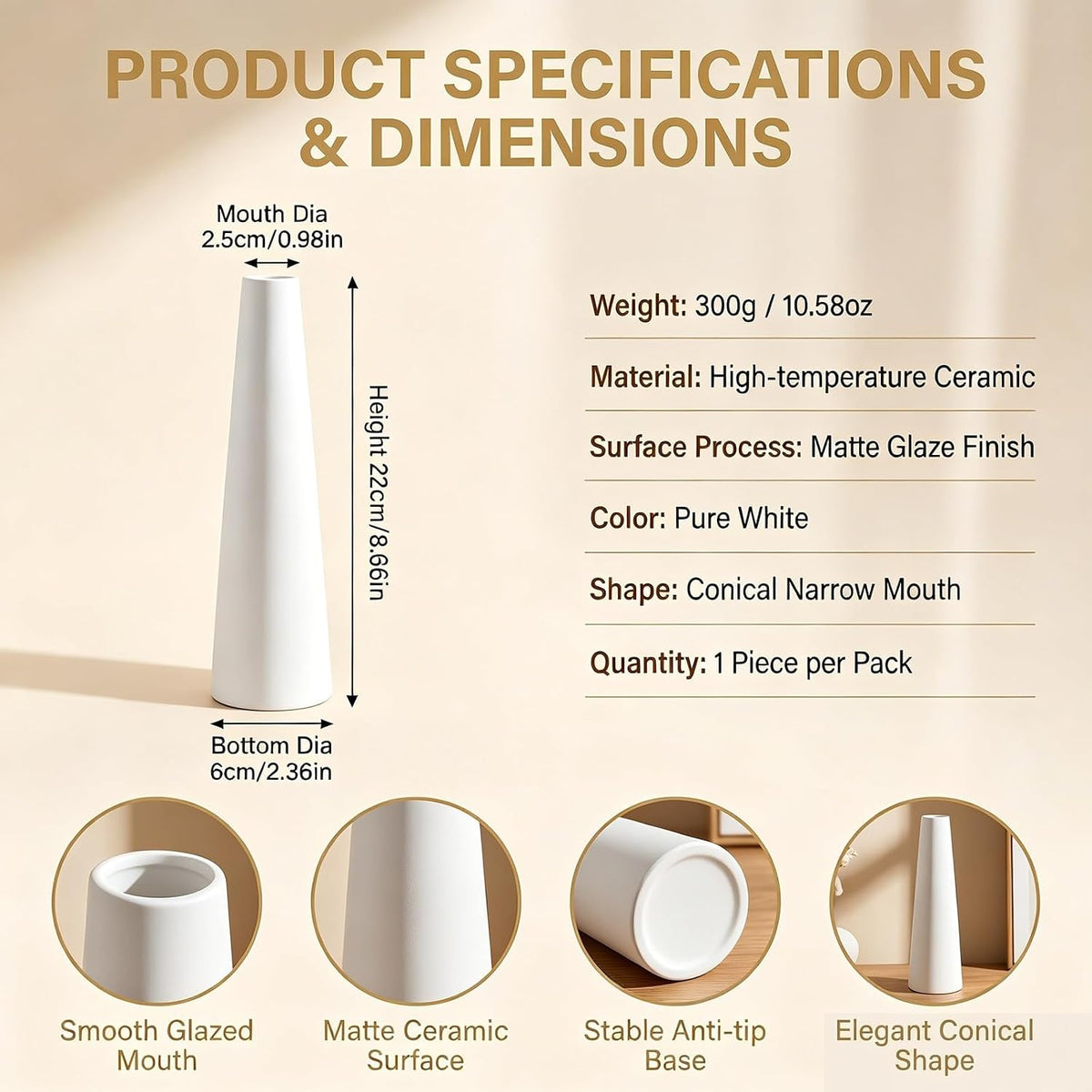 White Tall Conic Ceramic Flower Vase Decorative Floral Vase Taper Vase Table Top Small Narrow Neck Vases for Home Wedding Table Bedroom Living Room Office Desk