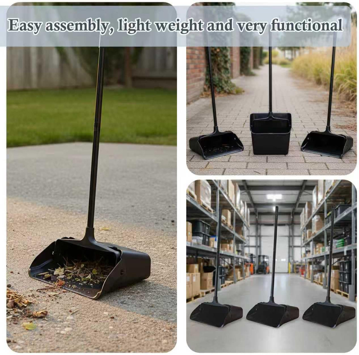3-Pack Commercial Upright Dust Pan with Long Handle and Wheels – Heavy Duty Large Dust Pans for Indoor/Outdoor Use, Janitorial or House Cleaning Tools, Black Standing Dustpan