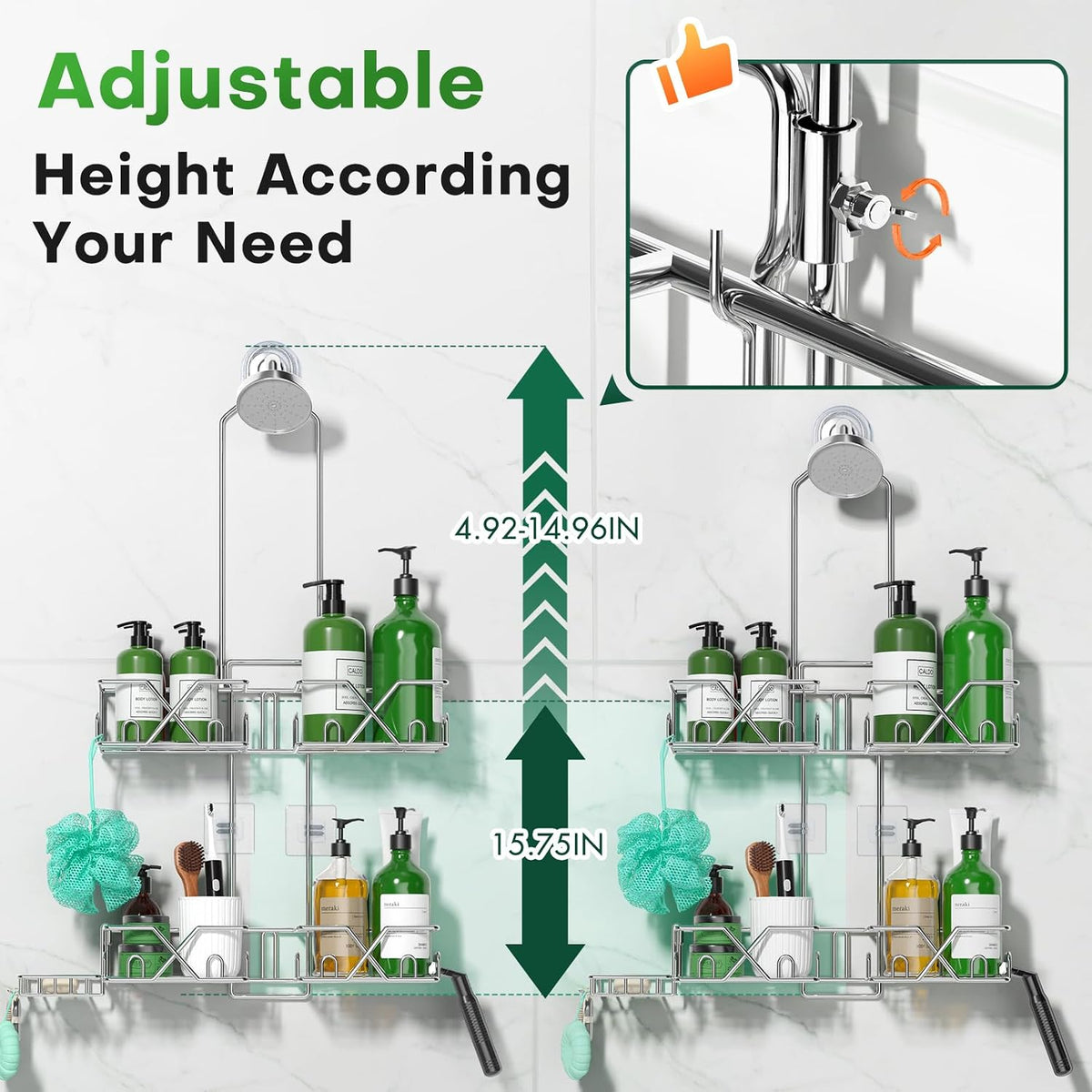 Sewulidon Stainless Steel Shower Caddy Hanging for Handheld Shower Heads,Rustproof Hose Shower Organizer Adjustable Length Shower Rack with 24 Hooks,Razor Holder,Soap Holder