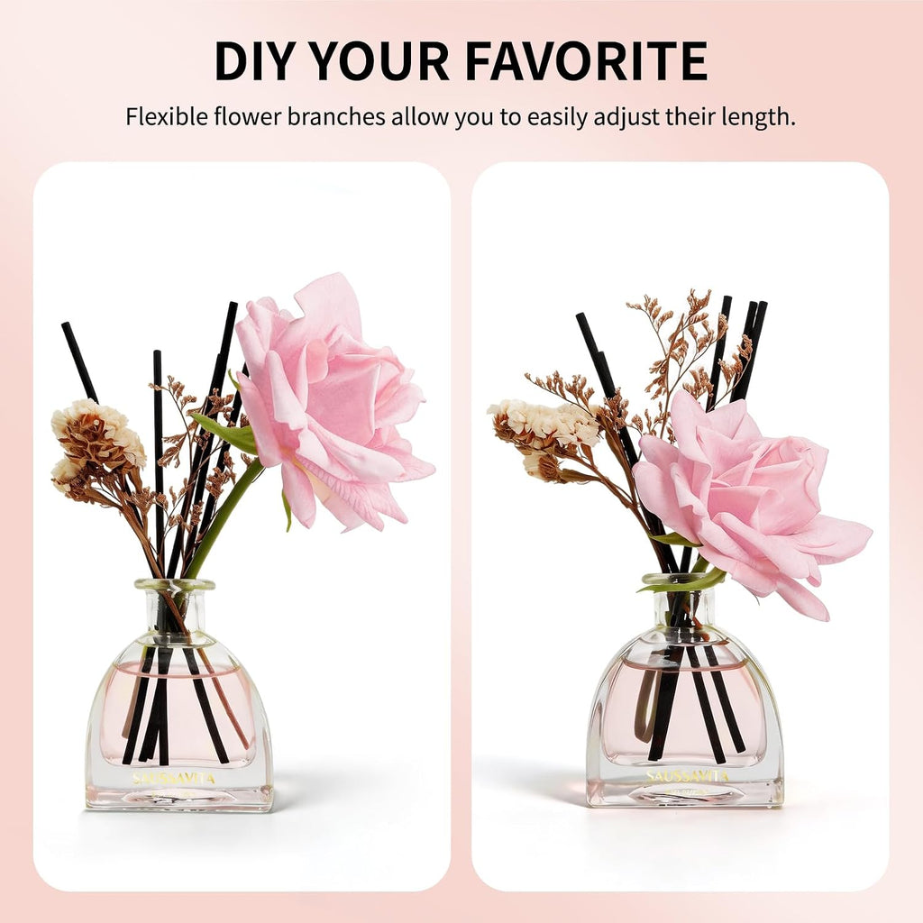 Reed Diffusers Set Rose Scented Diffuser for 140 Days, Flower Diffuser 8.5 fl oz with Dried Flowers and Decorative Rose, Long Lasting Home Fragrance with 10 Sticks for Bathroom, Shelf, Office Decor