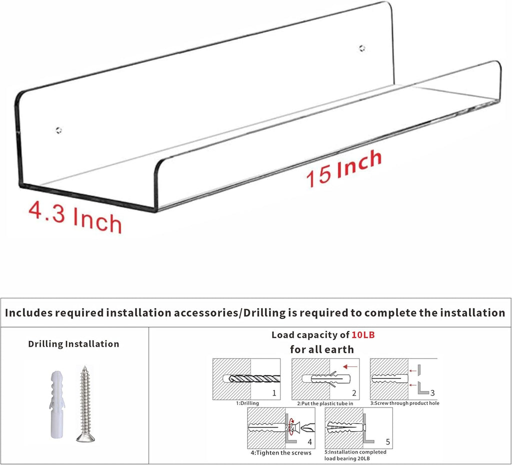4 Pcak Clear Acrylic Shelves for Bedroom,Room,15 Inch Bathroom Wall Shelf & Organizer,Invisible Floating Shelves & Wall Storage for Collectibles Perfume Shelf,Record,Funko Pop,Lego Display,Bookshelf