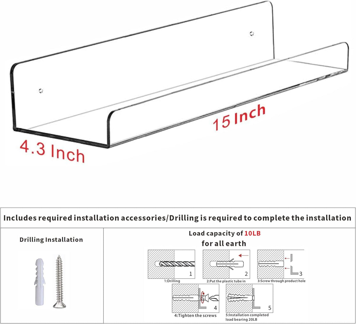 4 Pcak Clear Acrylic Shelves for Bedroom,Room,15 Inch Bathroom Wall Shelf & Organizer,Invisible Floating Shelves & Wall Storage for Collectibles Perfume Shelf,Record,Funko Pop,Lego Display,Bookshelf