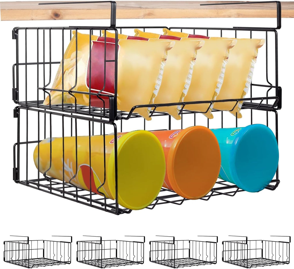 Hanging Under Shelf Storage Basket, 4 Pack Foldable Under Cabinet Metal Desk Storage Wire Rack Organizer for Kitchen Pantry Bookshelf Office Home, Easy to Install Slide-in Under Shelves (Black)