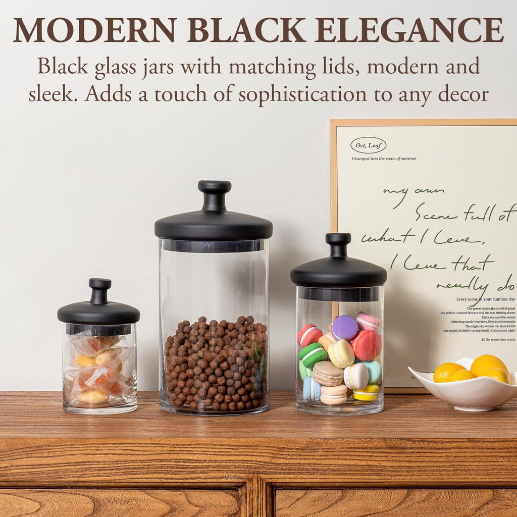 MyGift Glass Apothecary Jars with Black Lids, Set of 3 Storage Canisters