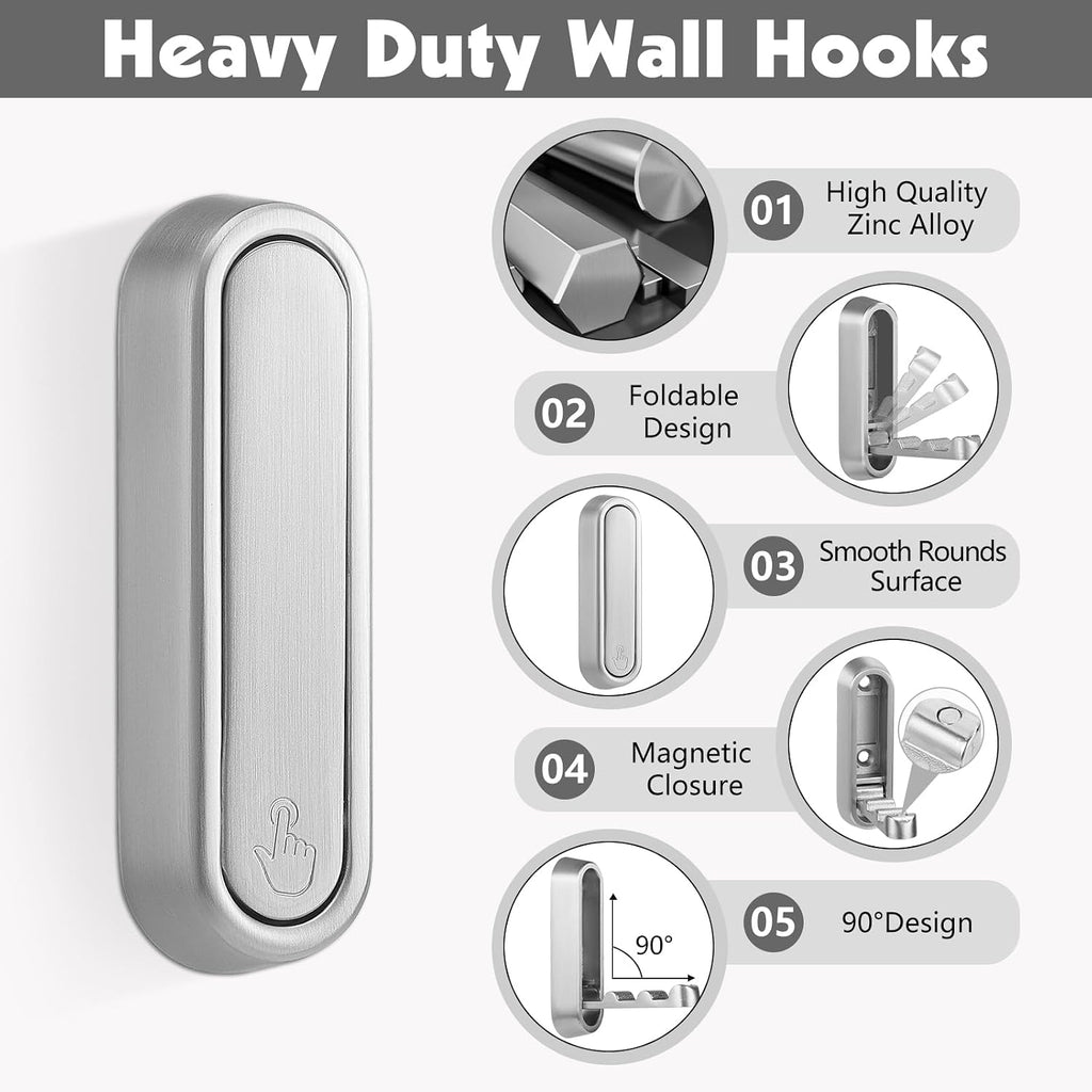 Foldable Wall Hook, Silver, 4 Pack, Screw Mounted, Heavy Duty Coat Hooks