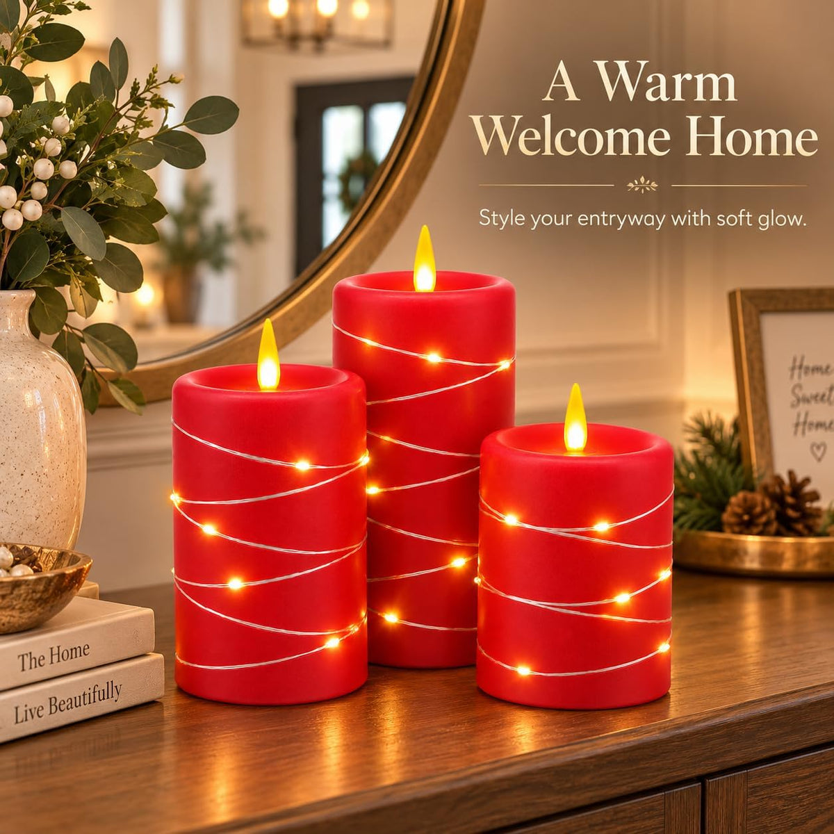 Upinmz RED Flameless Candles with Fairy Lights, Battery Operated, Set of 3