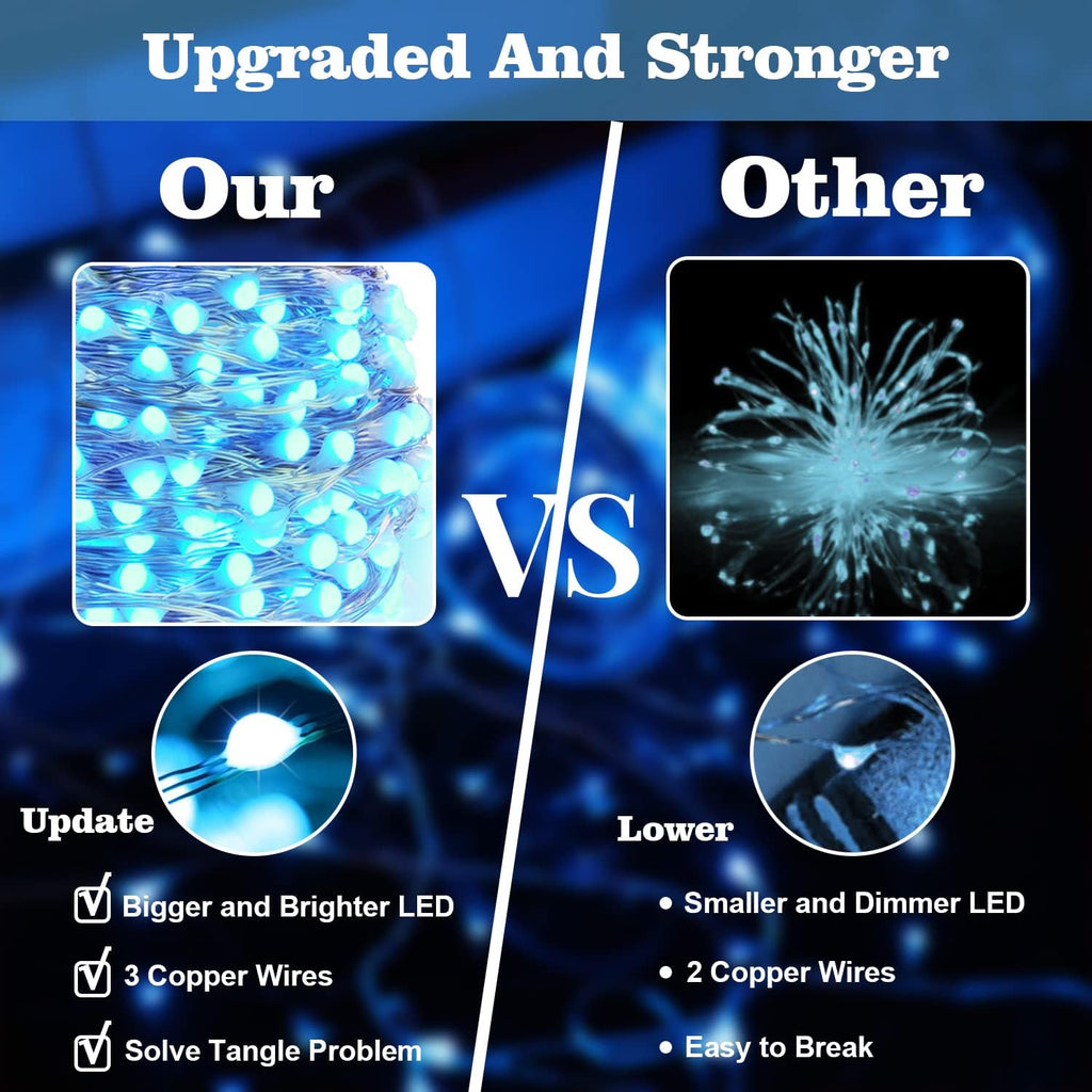 Homemory 2 Pack 33 Ft 100 LED Blue Christmas Fairy Lights, Battery Operated String Lights with Remote, Waterproof 8 Modes Firefly Twinkle String Lights for Christmas Decor