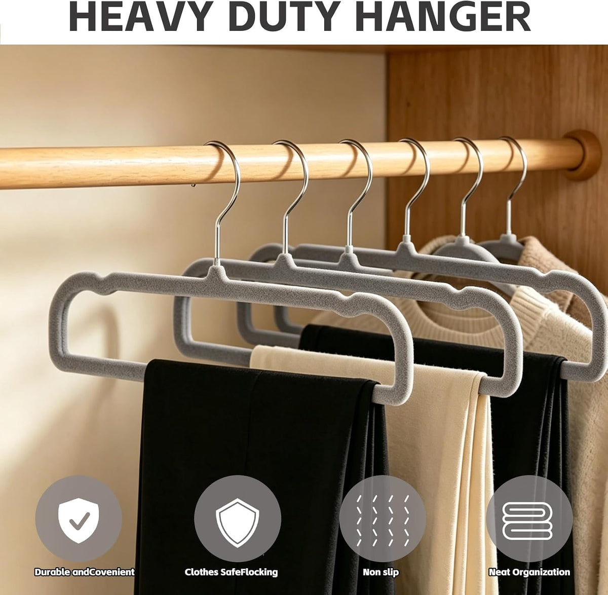 50 Pack Velvet Pants Hangers Non Slip, Velvet Hangers Space Saving for Closet, Strong Durable Clothes Hanger with 360° Swivel Hook, Ultra Soft Flocked Hanger for Pants Jeans Shirts Bra Shorts (Grey)