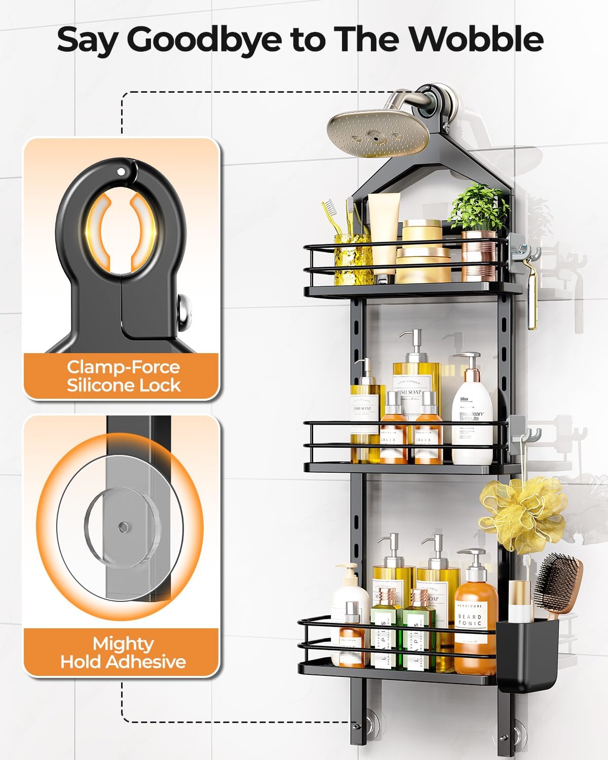 ODesign 3 Tier Adjustable Shower Caddy Hanging Over Head Anti-Swing Black