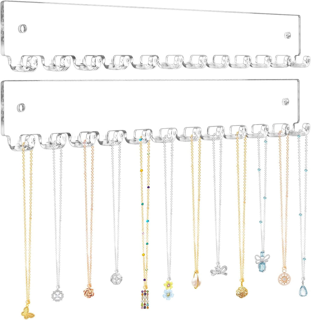 Acrylic Necklace Holder 2 Pack Wall Mounted Necklace Organizer Hanging Jewelry Organizer with 12 Hooks for Necklaces, Bracelets, Rings and Bangles Display