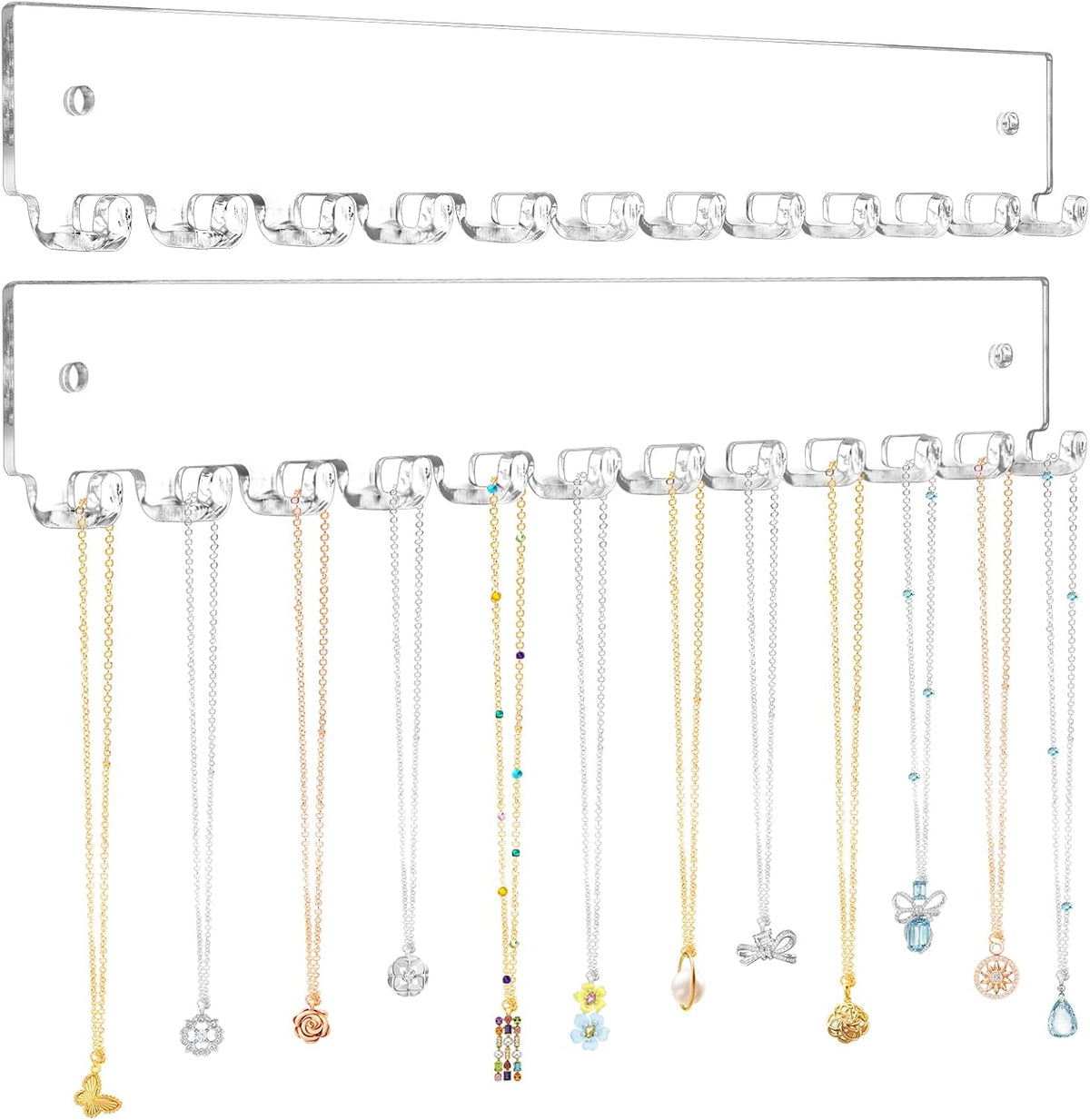 Acrylic Necklace Holder 2 Pack Wall Mounted Necklace Organizer Hanging Jewelry Organizer with 12 Hooks for Necklaces, Bracelets, Rings and Bangles Display