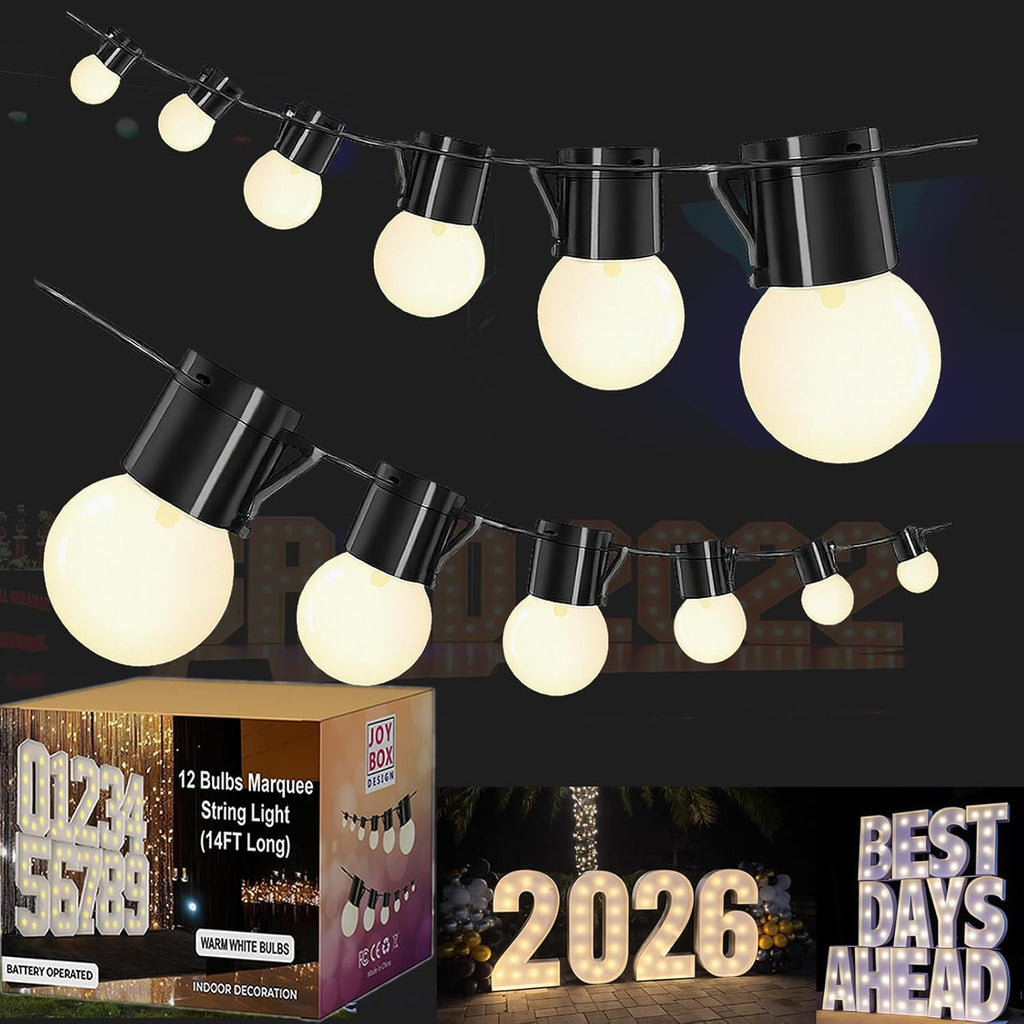 JoyBox Design 12 LED Light Bulbs - Battery Operated G40 String Lighting for Marquee Letters Numbers - Indoor & Outdoor Kids Party and Christmas Decor - Bedroom Decorative Waterproof Warm Lights