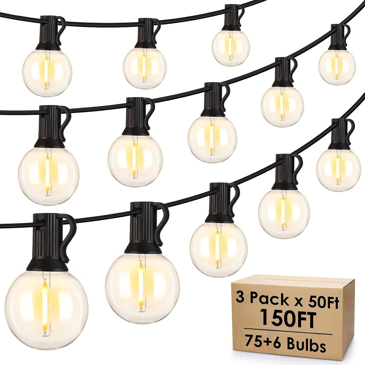 Mlambert 150Ft(3x50Ft) Outdoor String Lights, G40 Globe Patio Lights with 75+6 Dimmable Shatterproof LED Hanging Bulbs for Backyard Party-Black Wire