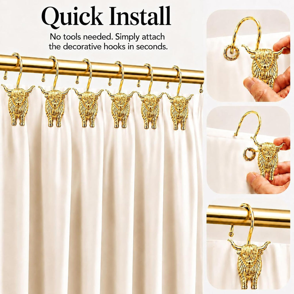 Highland Cow Shower Curtain Hooks, Rust-Resistant Zinc Alloy Metal Hooks, Farmhouse Bathroom Decor, 12 Pack (Gold)