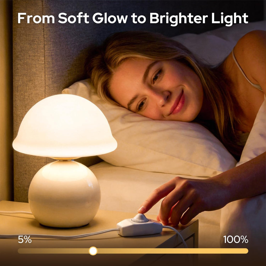 Glass Mushroom Lamp, Dimmable Bedside Table Lamp (White)