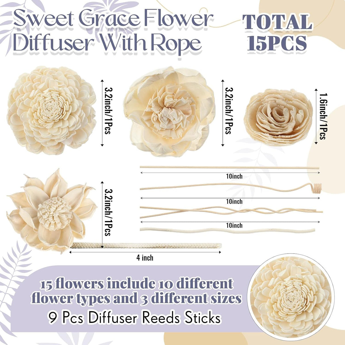 Waydress Flower Diffuser and Reed Stick Set, 1.57-3.15 Inches, Mix