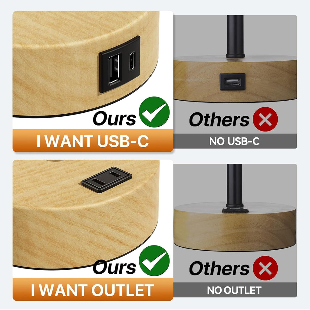 KPQ Bedside Lamp Touch Control Table Lamp with USB A+C Charging Ports & AC Outlet 3-Way Dimmable Nightstand Lamp with Linen Fabric Shade (Beige Shade-Wood Base, 14" Small Size Touch Control)