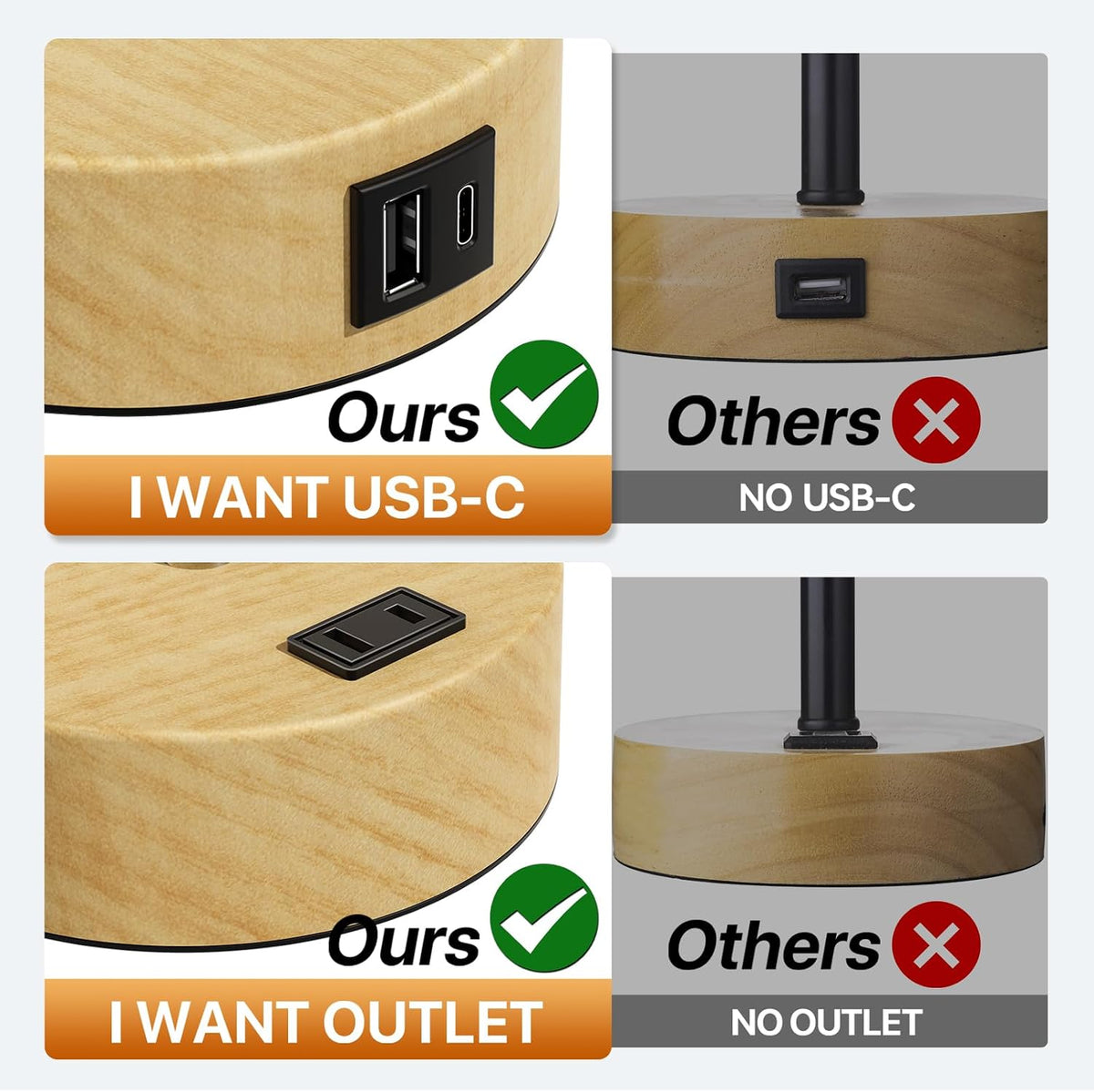 KPQ Bedside Lamp Touch Control Table Lamp with USB A+C Charging Ports & AC Outlet 3-Way Dimmable Nightstand Lamp with Linen Fabric Shade (Beige Shade-Wood Base, 14" Small Size Touch Control)