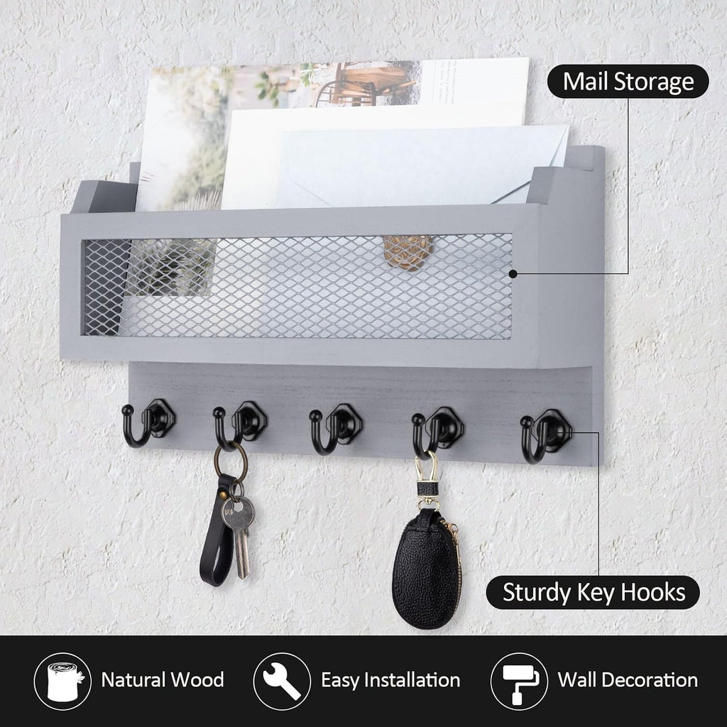 Nekon Mail and Key Holder for Wall Decorative, 11 Inch Mail Holder, Gray