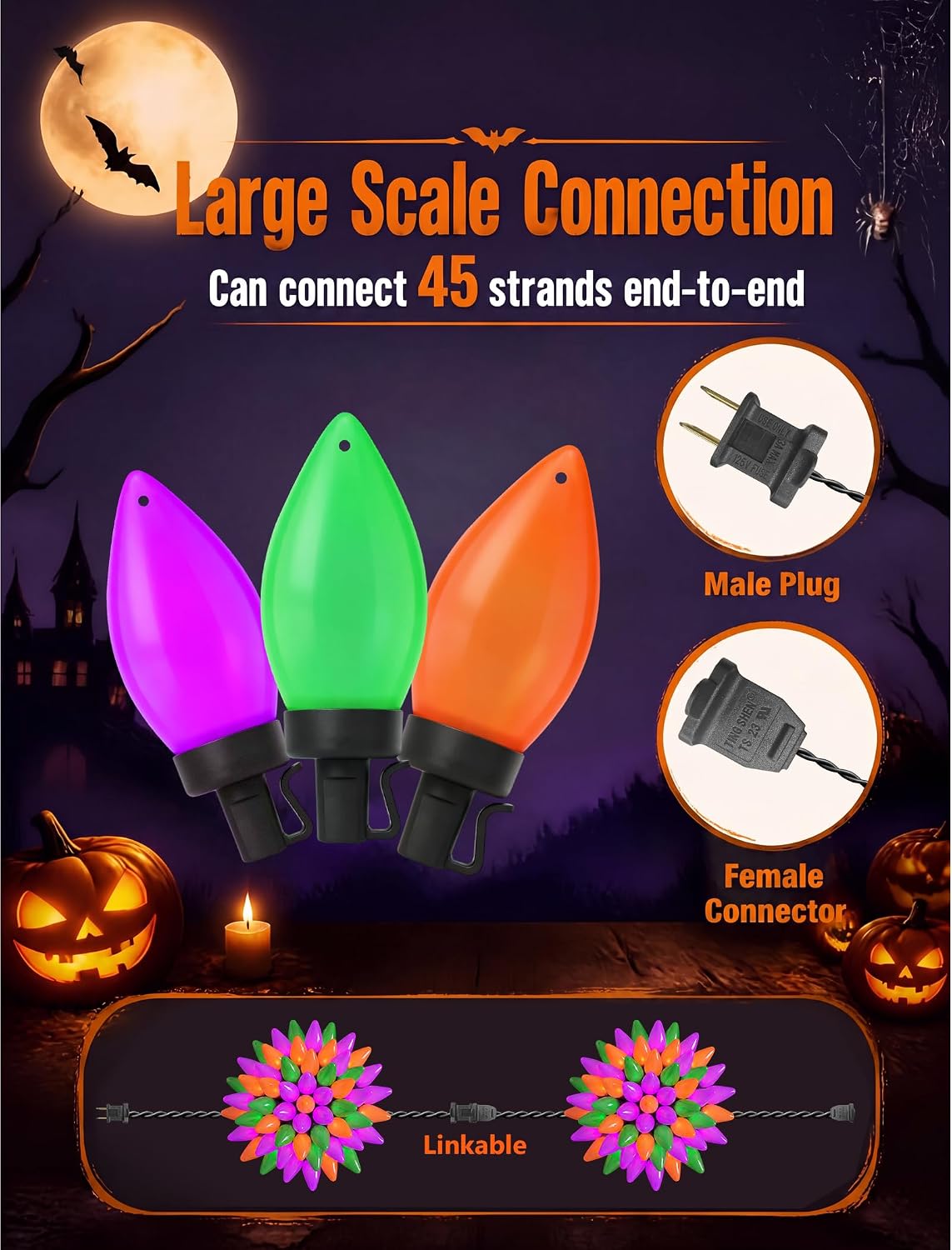 SUNSGNE 26FT 50 LED C9 Halloween String Lights, Orange Green Purple Bulbs