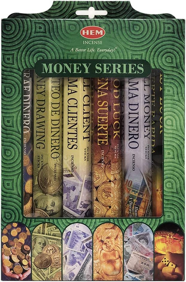 Hem Incense Sticks Variety Pack #3 and Incense Stick Holder Bundle with 6 Money Series Fragrances