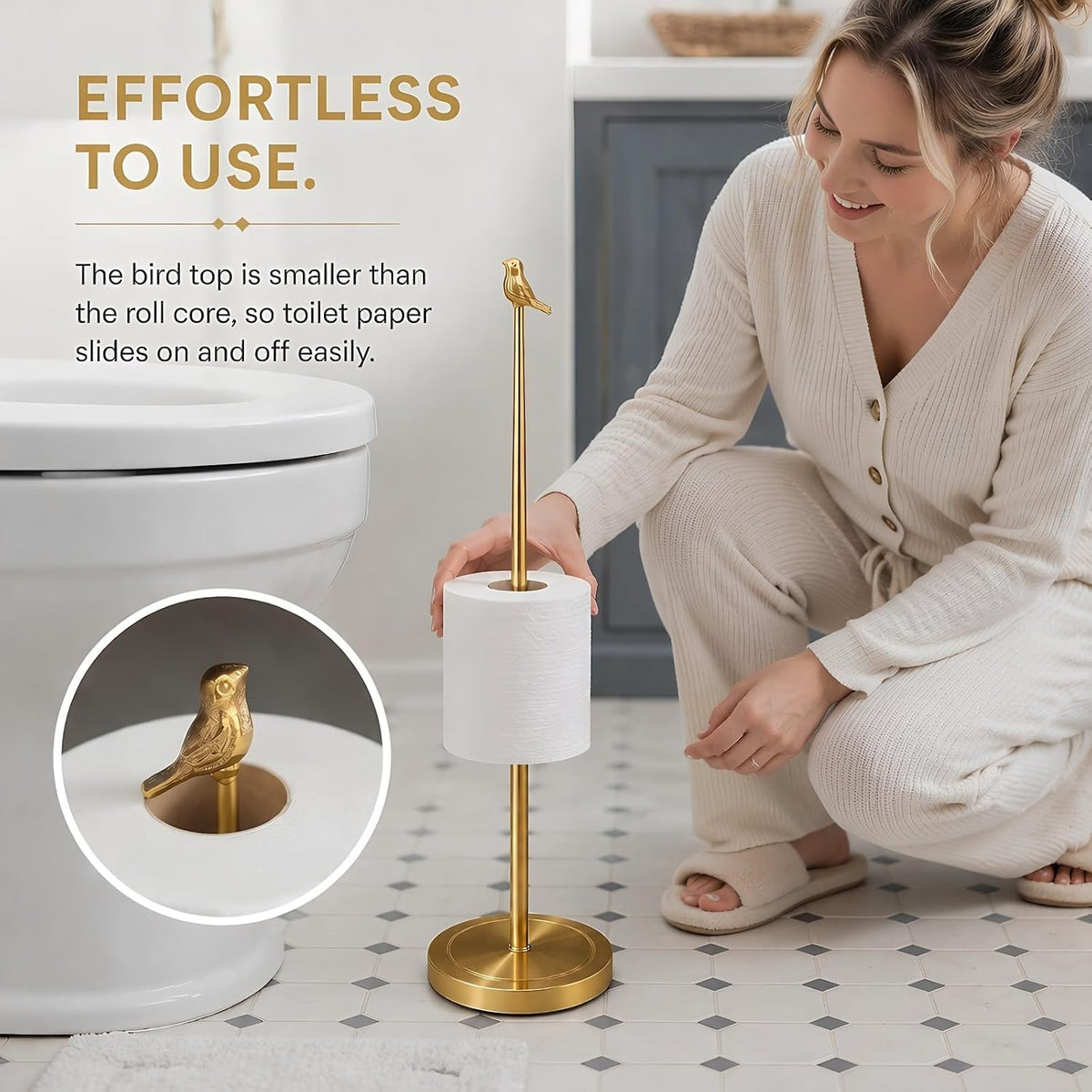 Bird Toilet Paper Holder Stand for 4 Rolls, Cute Animal Bathroom Decor, Funky Decorative Freestanding Toilet Roll Holder - Gold