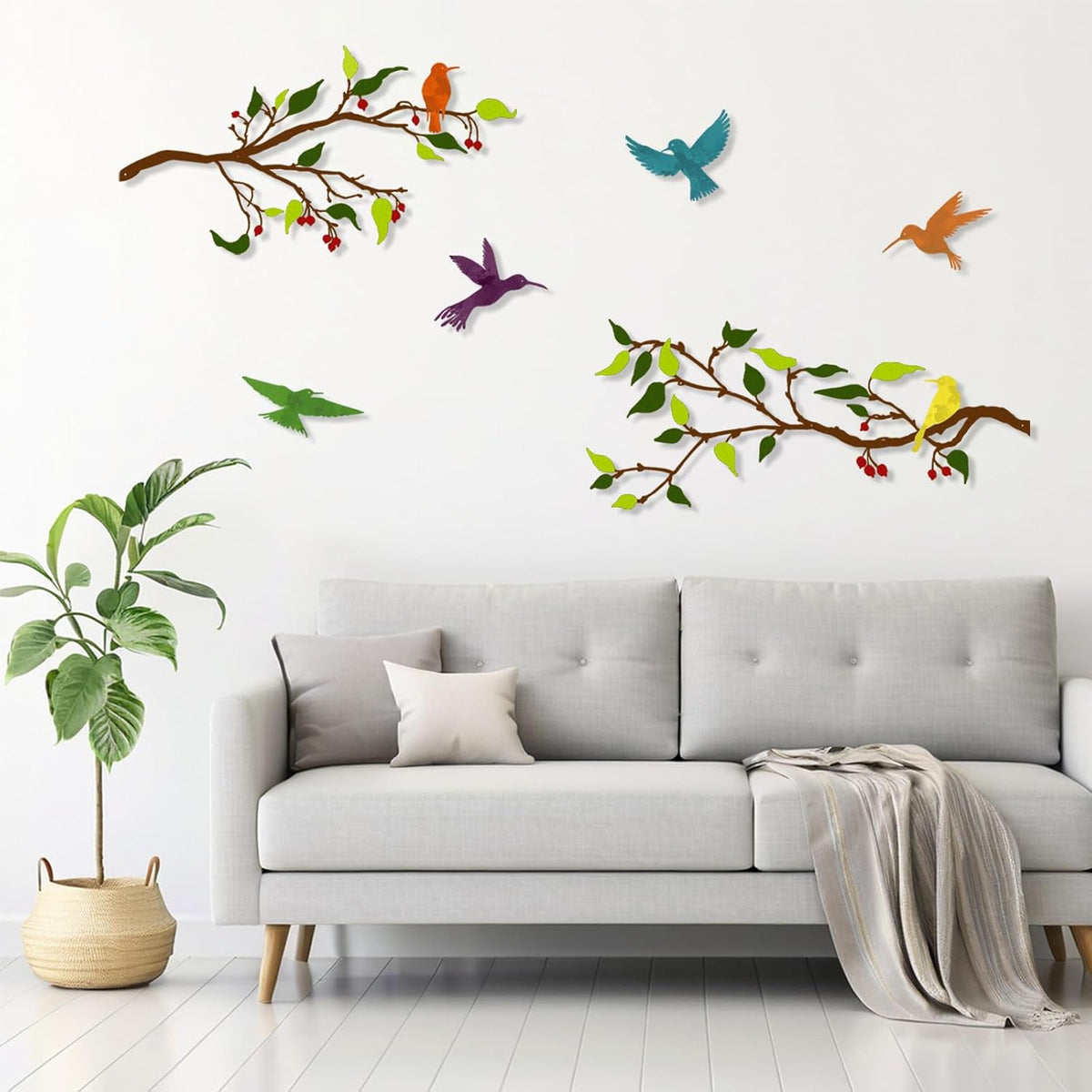 Harikikochuu 4PCS Metal Birds Wall Art, Birds on the Branch Silhouette Art, Metal Leaves with Hummingbirds Outdoor Wall Art for Home Office Balcony Garden Decor (Colorful, Hummingbirds)