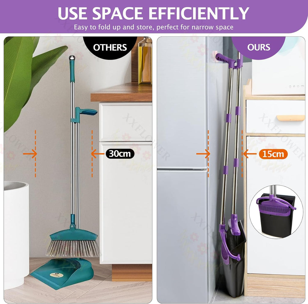 Broom and Dustpan Set with Long Handle, Light Weight Stainless Steel Poles Stand Upright Dustpans with Broom Combo for Home Kitchen Office Pet Dog Hair, 1-Pack (Purple)