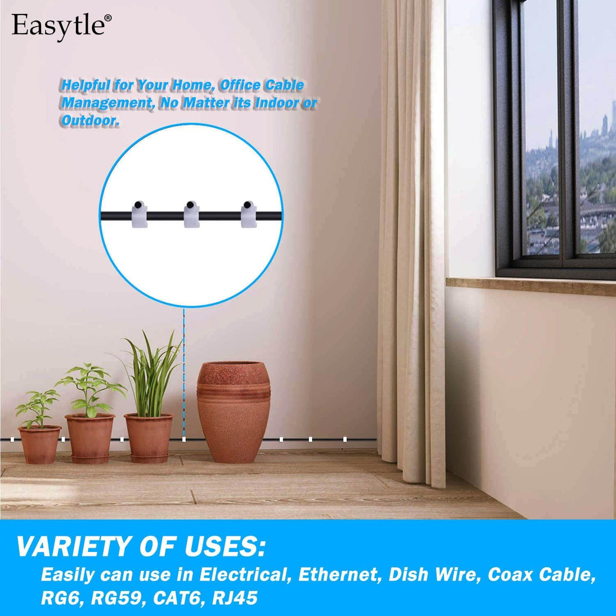 Cable Wire Clips 4mm 6mm 8mm 10mm Cable Management RG6 RG59 CAT5 CAT6 RJ45 Electrical Ethernet Dish TV Speaker Wire Cord Tie Holder Single Coaxial Nail Clamps (Pack of 400)