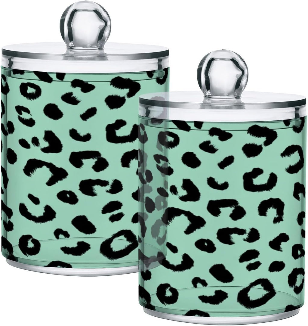 Green Black Leopard Print Qtip Holder Acrylic for Cotton Ball Swab 2 Packs