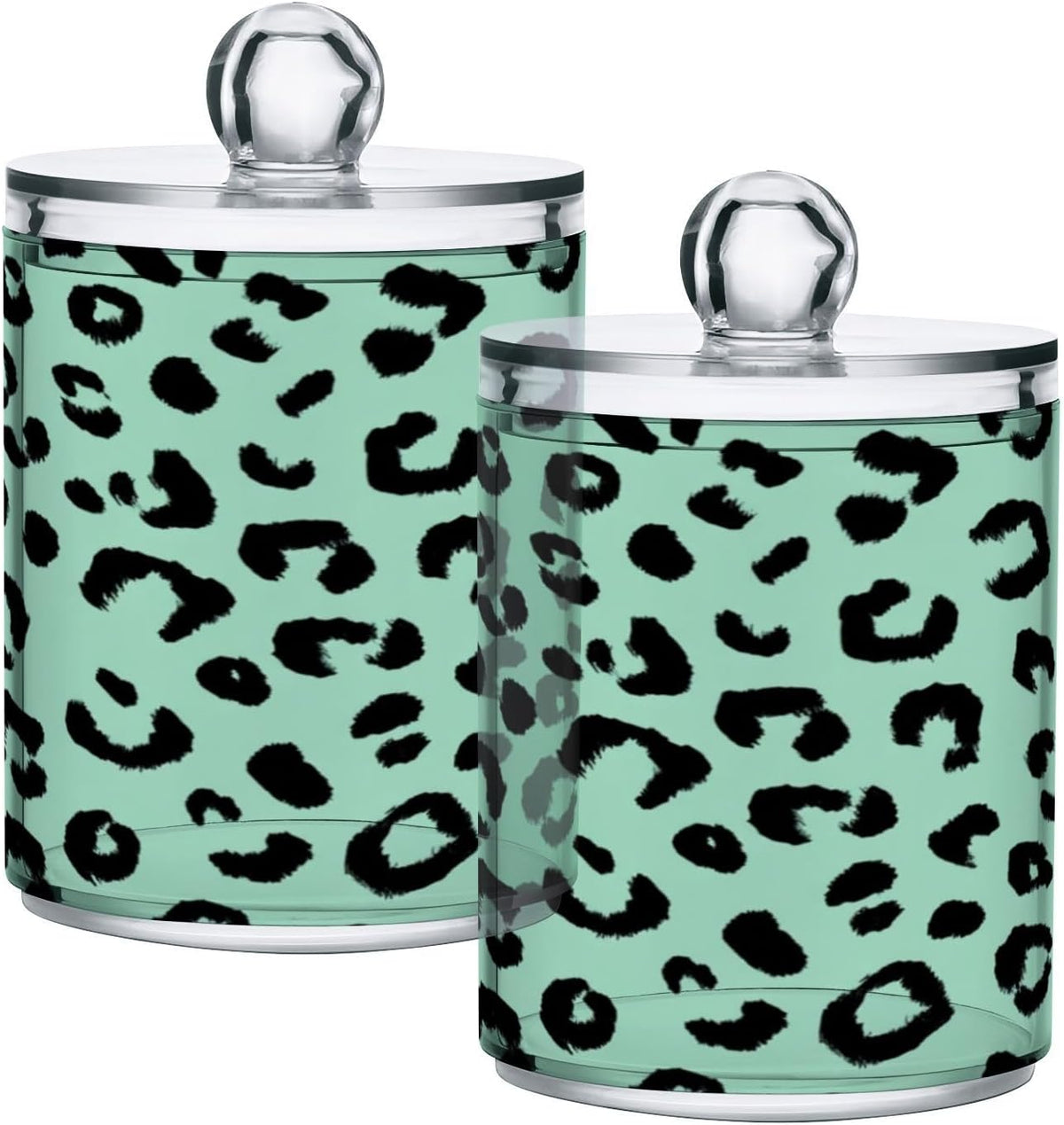 Green Black Leopard Print Qtip Holder Acrylic for Cotton Ball Swab 2 Packs