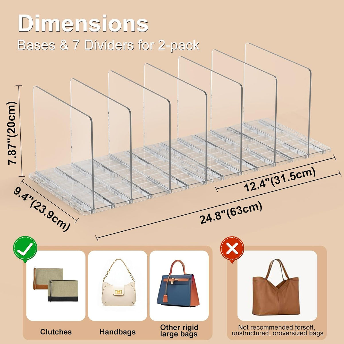 SortNStore Bag & Purse Organizer for Closet: Adjustable Clear Handbag Storage Shelf - Plastic Clutch Dividers for Closet Organizers and Storage - Keep Carteras & Pocketbook Upright (Pack of 3)