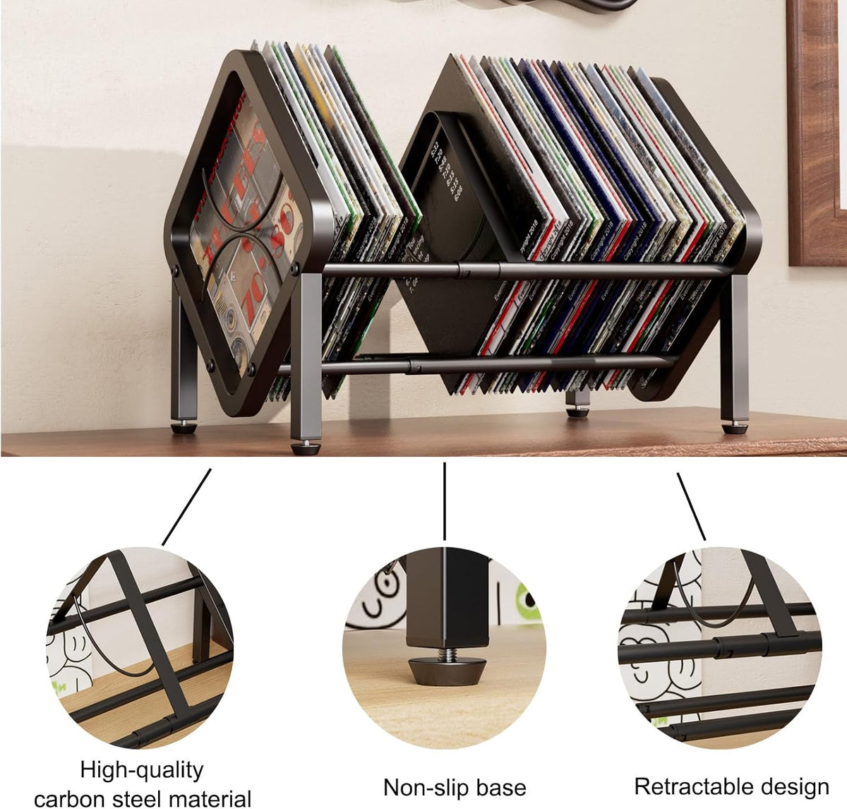 Vinyl Record Storage,80-100 LP Scalable Vinyl Record Holder,Retro Style Organizer,Metal Album Storage Rack for Magazine,Files,Book,Albums & Office Storage(Black)