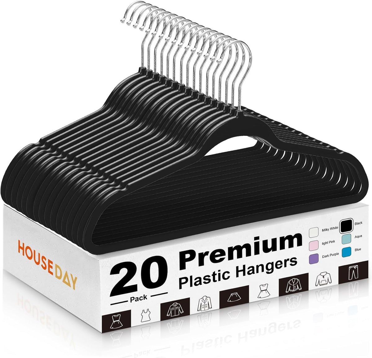 HOUSE DAY Black Plastic Hangers 20 Pack - Ultra-Thin Heavy Duty Non-Velvet
